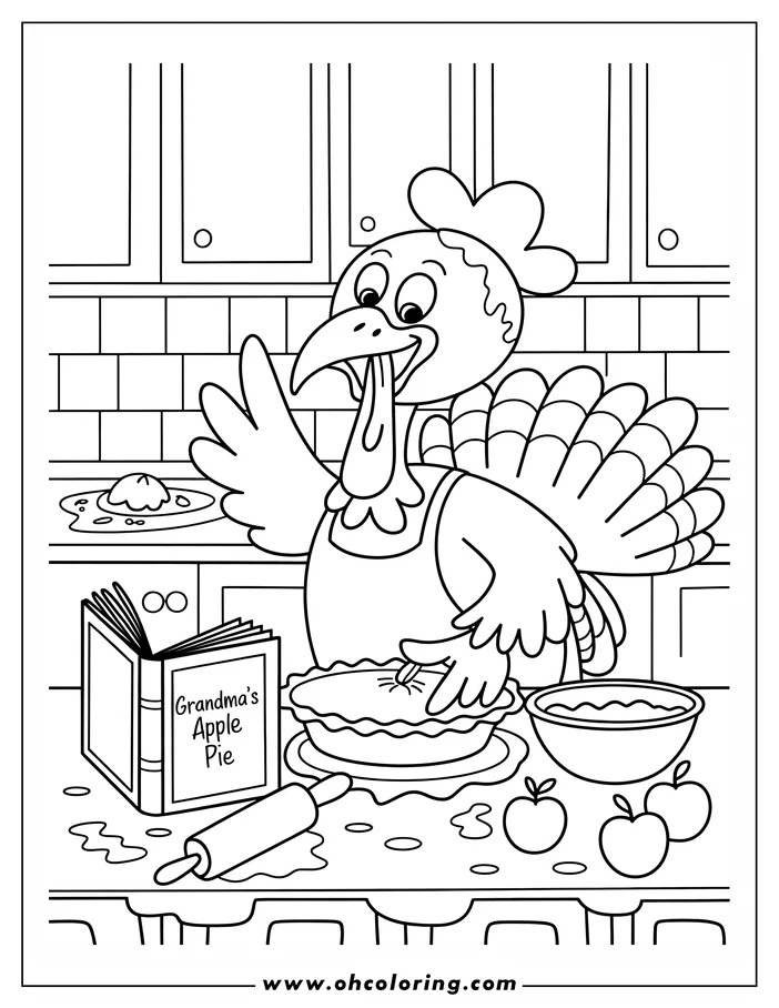 A cartoon turkey in a kitchen bakes a pie while looking at Grandma's apple pie cookbook