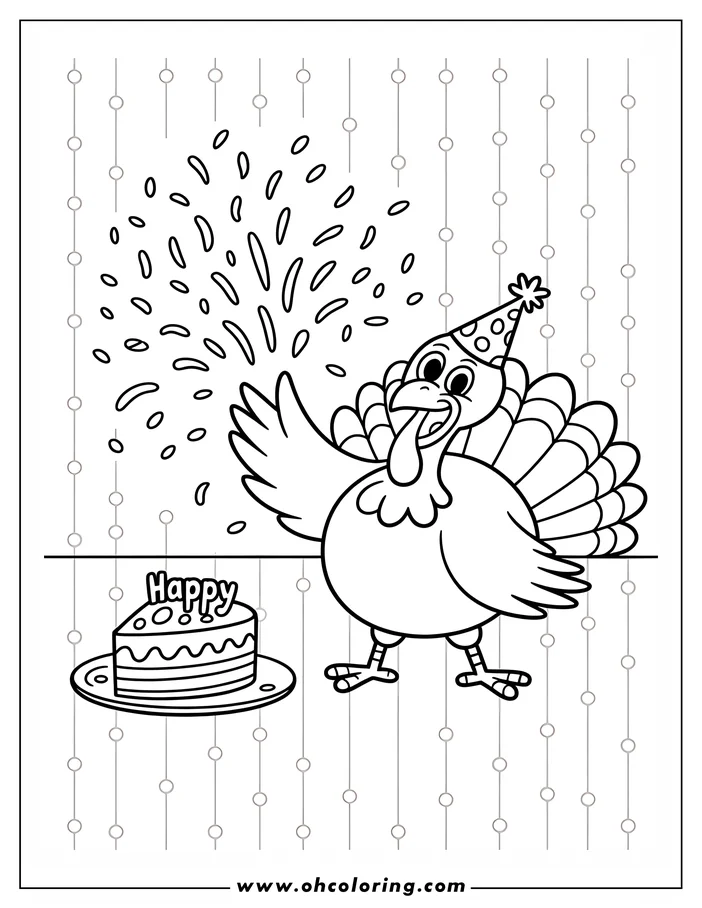 Line drawing of a festive turkey celebrating next to a birthday cake with a party hat. The scene is set against a simple background with decorative lines and dots.