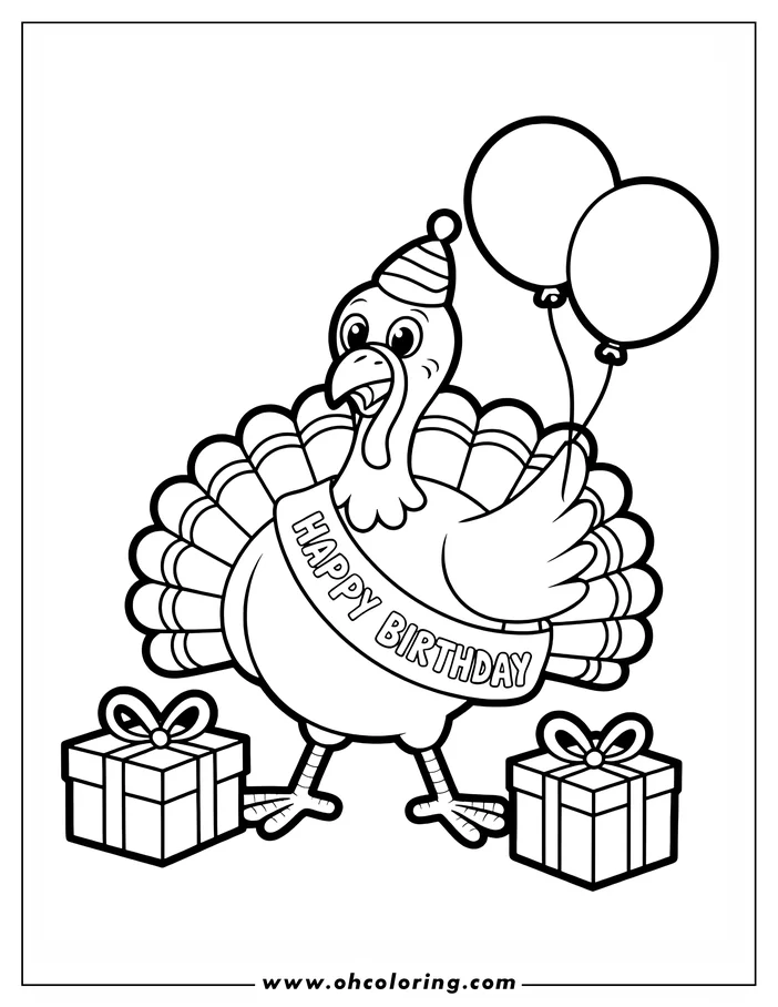 Outline of a turkey celebrating a birthday. The turkey wears a sash and hat, holds balloons, and stands between presents.