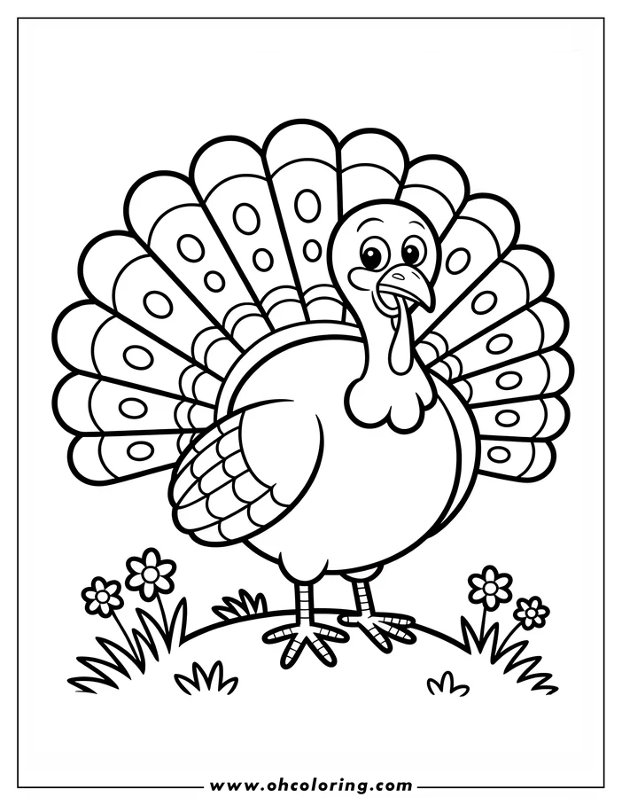 Line art of a friendly turkey, tail fanned out and decorated with circles, standing in a field with small flowers.