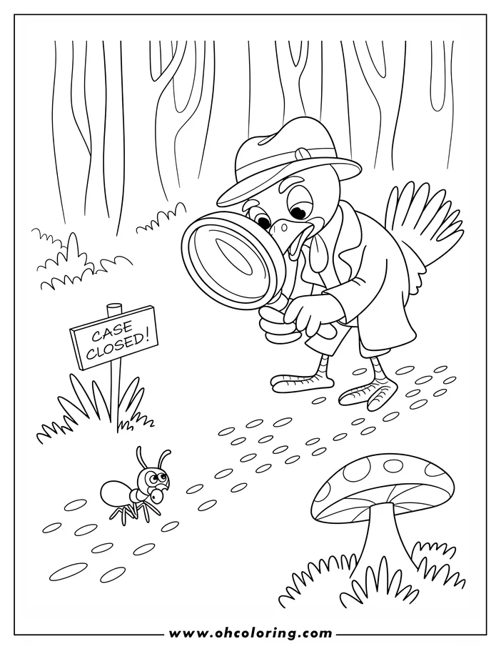 Line art of a turkey detective with magnifying glass investigating ant tracks near a mushroom. A 'Case Closed' sign suggests the mystery is solved.