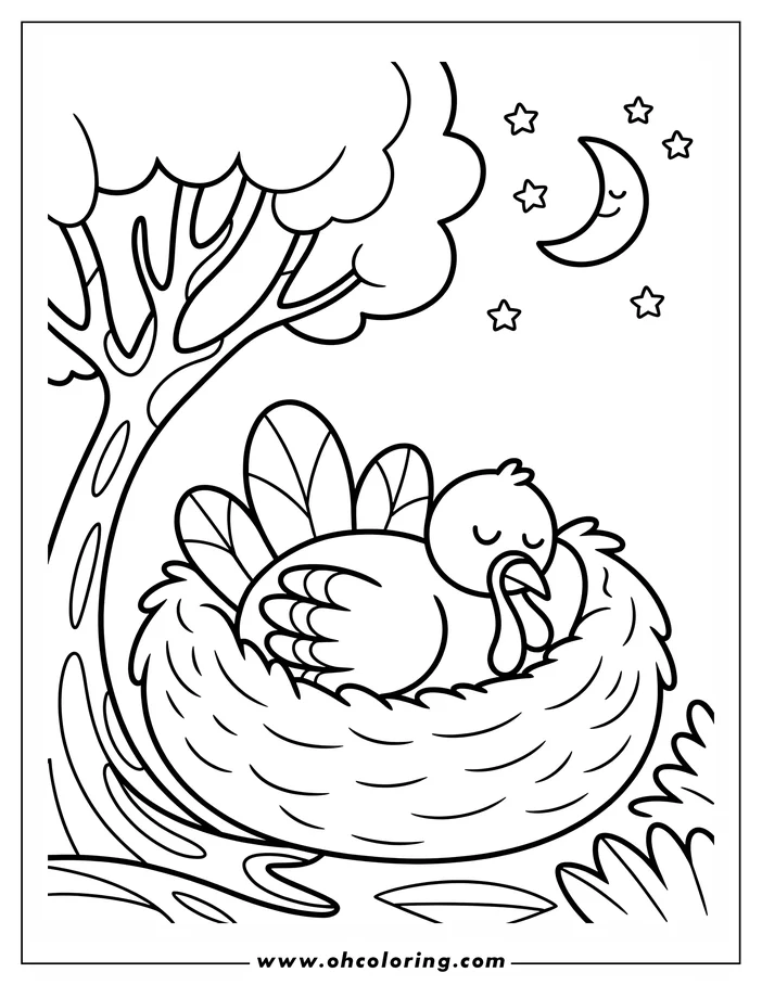 Line art of a turkey sleeping in a nest under a tree at night.