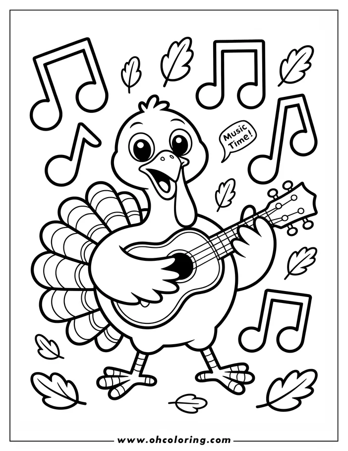 Line art of a cheerful turkey playing a ukulele, surrounded by musical notes and falling autumn leaves.