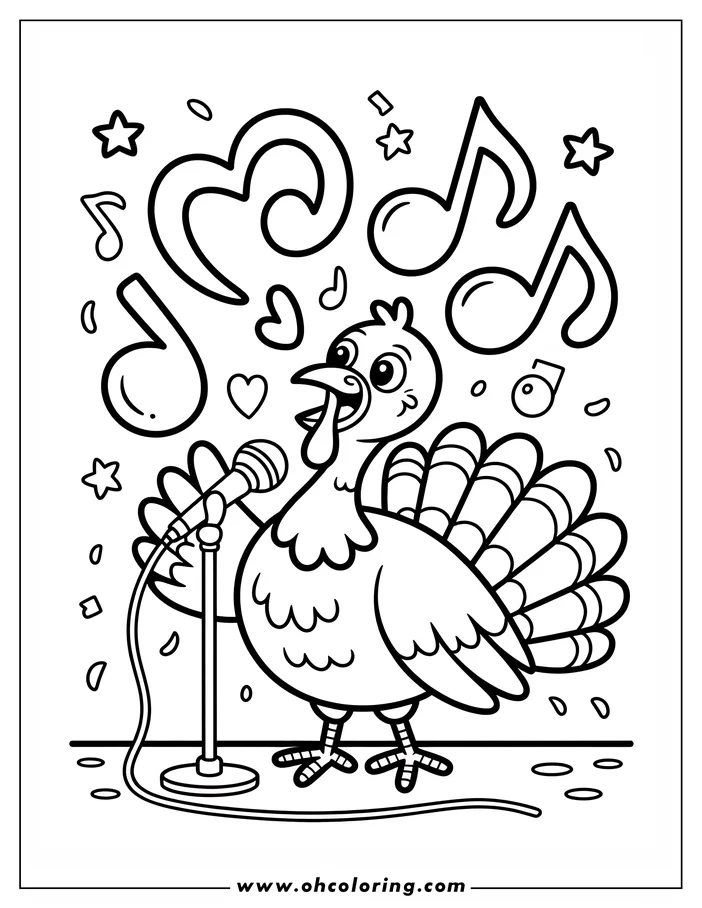 Line art of a cheerful turkey singing into a microphone, surrounded by musical notes and hearts.