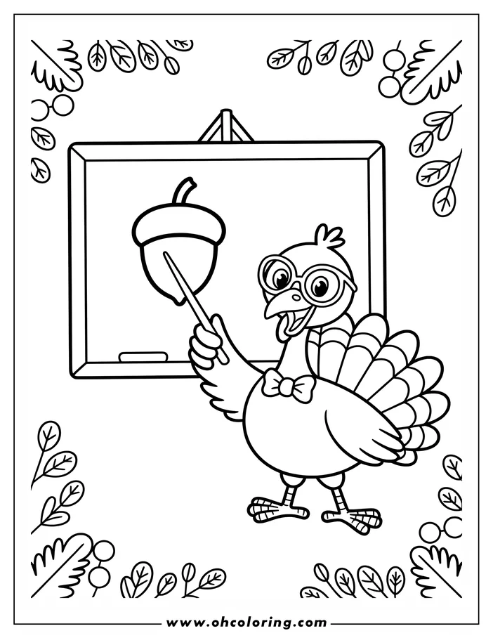 Line art of a cartoon turkey teacher pointing at a drawing of an acorn on a chalkboard. The turkey wears round glasses and a bow tie, suggesting a classroom or educational setting.