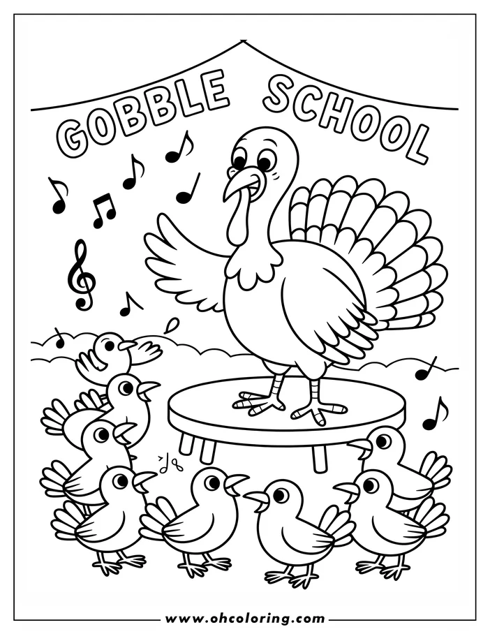 Line art of a turkey teaching baby birds at Gobble School, surrounded by musical notes.