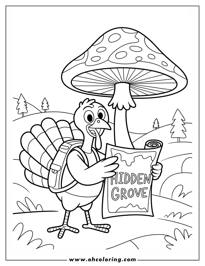 A cartoon turkey with a backpack stands near a large spotted mushroom, holding a map to Hidden Grove. Evergreen trees are in the background.