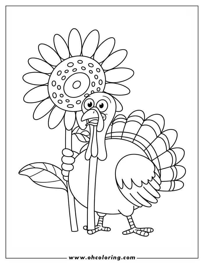 Line art of a turkey holding a large sunflower.