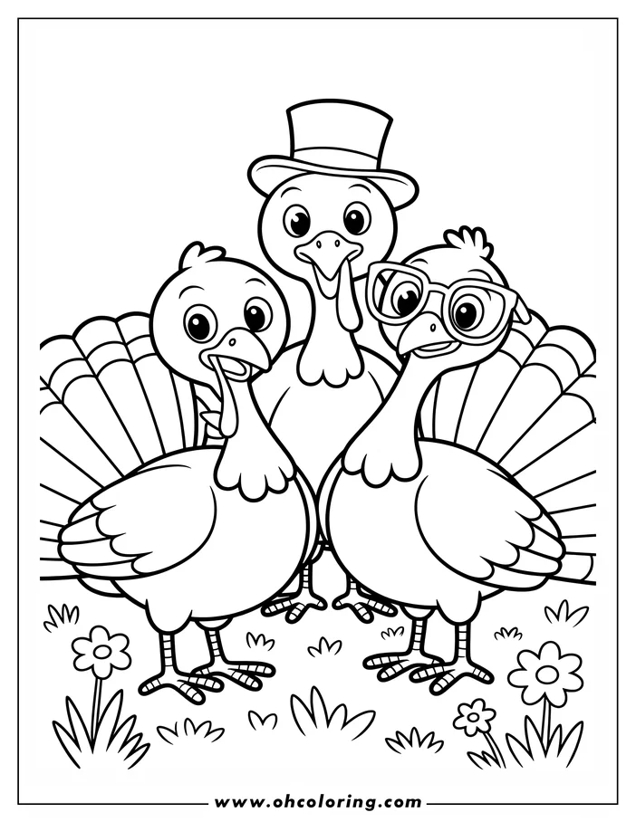 Three cartoon turkeys standing in grass. One wears a top hat, another has glasses.