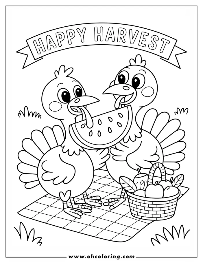 Two turkeys sharing a slice of watermelon on a picnic blanket, with a basket of apples beside them.