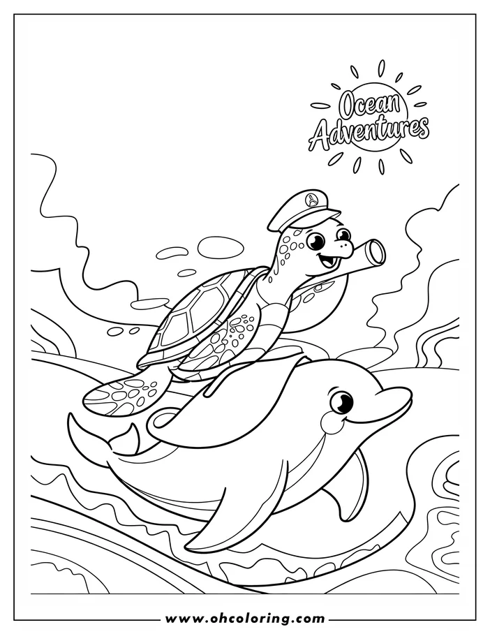 Line art of a turtle in a captain's hat riding a dolphin through ocean waves, with the sun shining above.