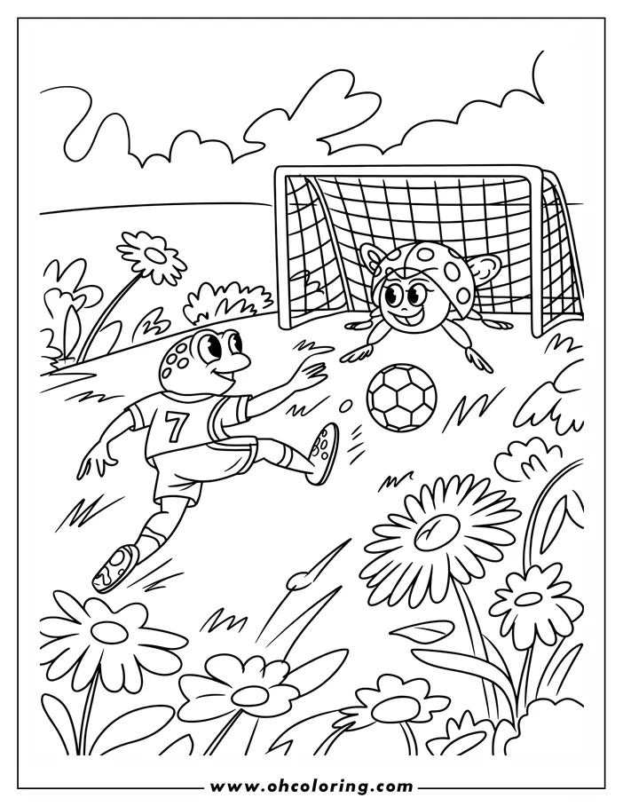 A cartoon turtle kicks a soccer ball toward a ladybug goalie during a soccer game.