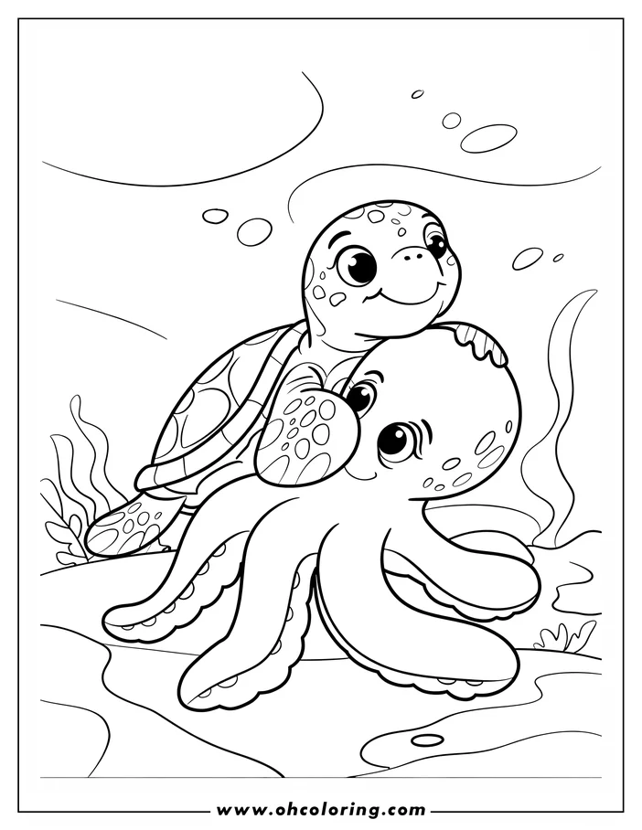 Line art of a baby turtle riding on a friendly octopus underwater. Bubbles float around them, and seaweed sways gently nearby.