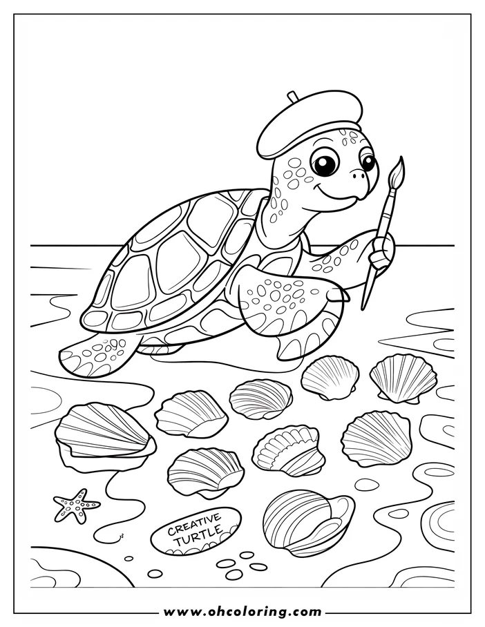 Outline of a turtle with a beret and paintbrush, painting seashells on a beach. A starfish and various shells are scattered around.