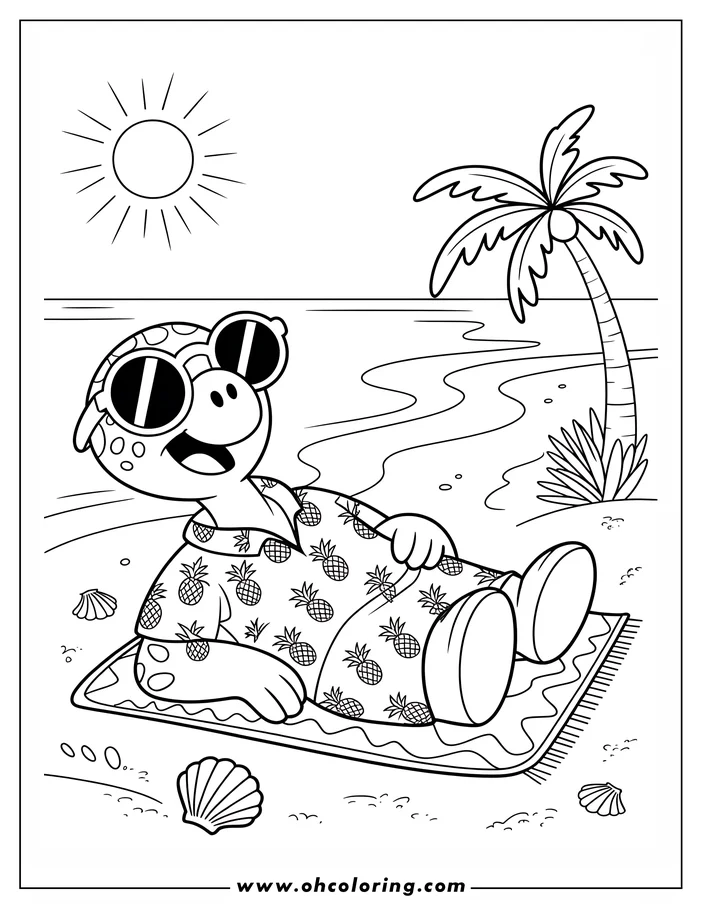 Outline of a turtle wearing sunglasses and a pineapple-print shirt, lying on a beach towel near a palm tree. Seashells are scattered around on the sandy beach.