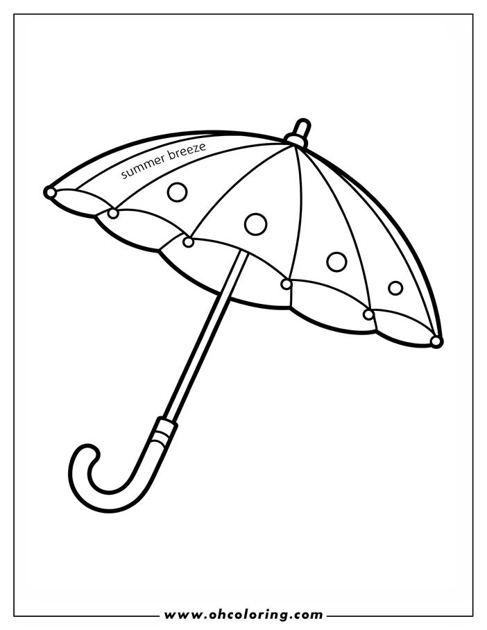 Line art of an open umbrella with circular patterns on the canopy.