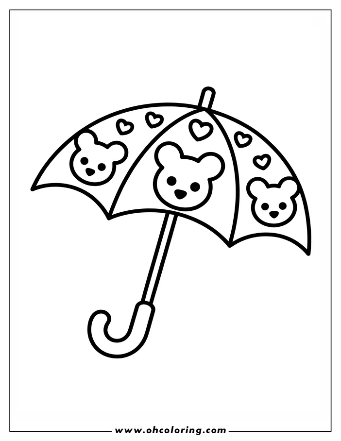 Line art of an umbrella with bear faces and hearts. It appears to be open and ready for use.
