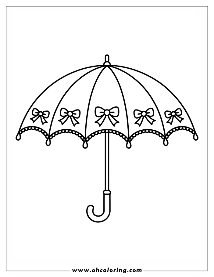 Line art of an open umbrella decorated with five bows and a scalloped edge.