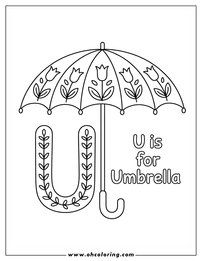 Line art of an umbrella decorated with tulips.  The letter U and the words 'U is for Umbrella' are also present.