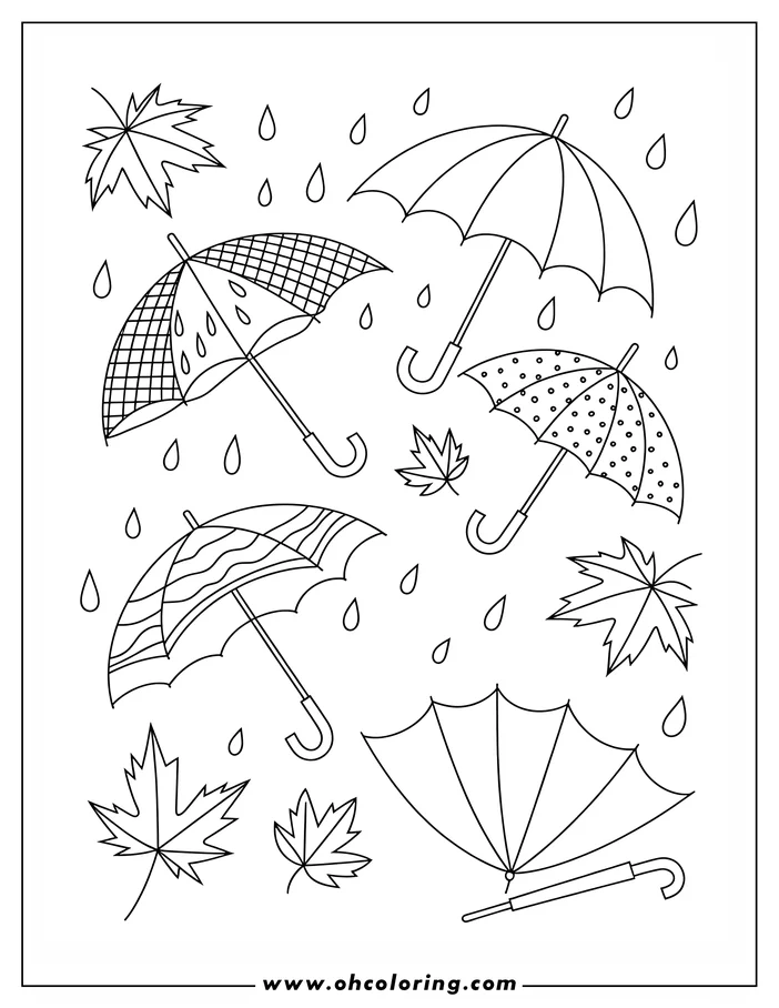 Line art of four umbrellas with different patterns, falling raindrops, and autumn leaves.