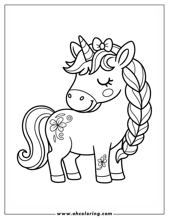 Line art of a unicorn with a braided mane, a bow, and flower decorations.
