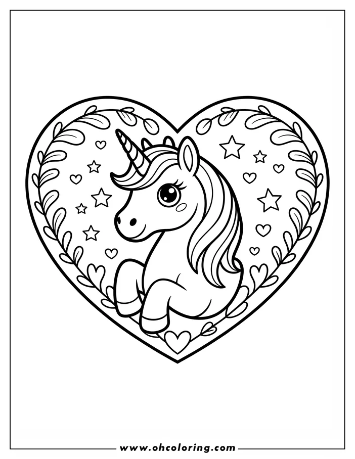 Outline of a cartoon unicorn sitting inside a decorative heart shape with stars and hearts.