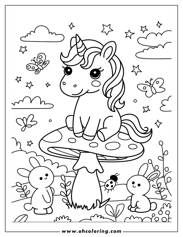 Outline of a unicorn sitting on a toadstool with rabbits and butterflies