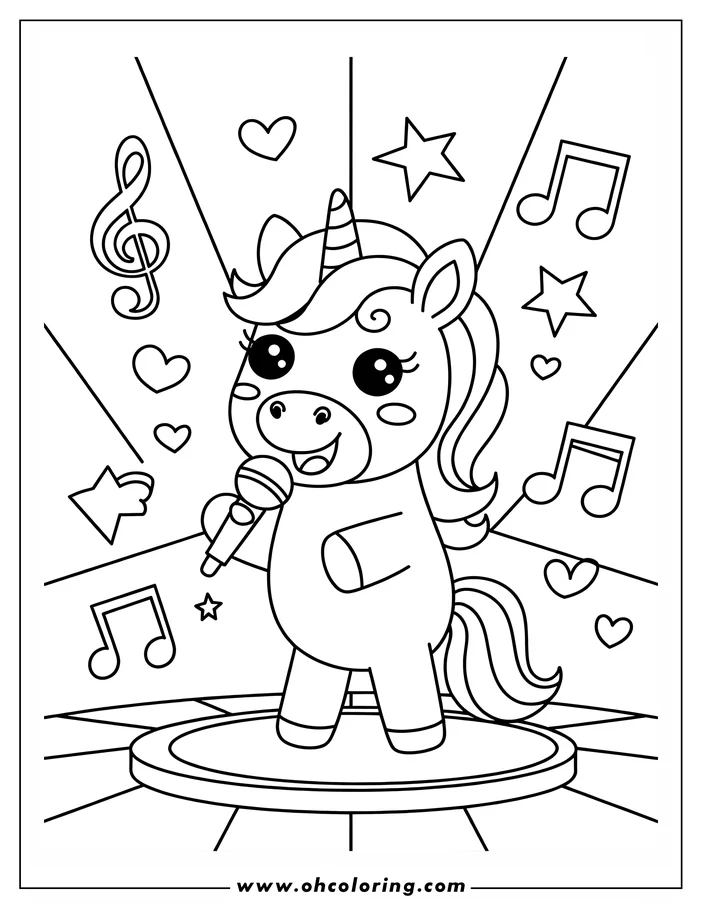 Outline of a kawaii unicorn singing into a microphone on a stage, surrounded by musical notes, stars, and hearts.
