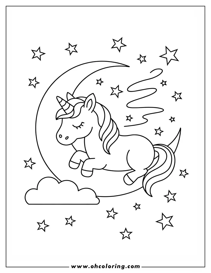 Outline of a cartoon unicorn sleeping on a crescent moon, surrounded by stars and a cloud