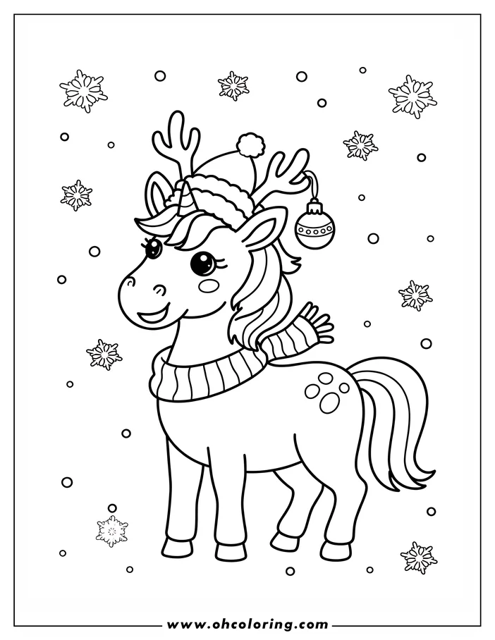 Outline of a unicorn wearing a winter hat with antlers, a scarf, and a Christmas ornament hanging nearby in a snowy scene.