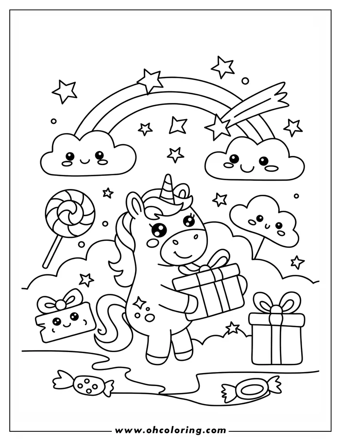 Outline of a kawaii unicorn holding a present, with a rainbow, clouds, stars, and candy surrounding the unicorn. Another present is on the floor next to the unicorn.