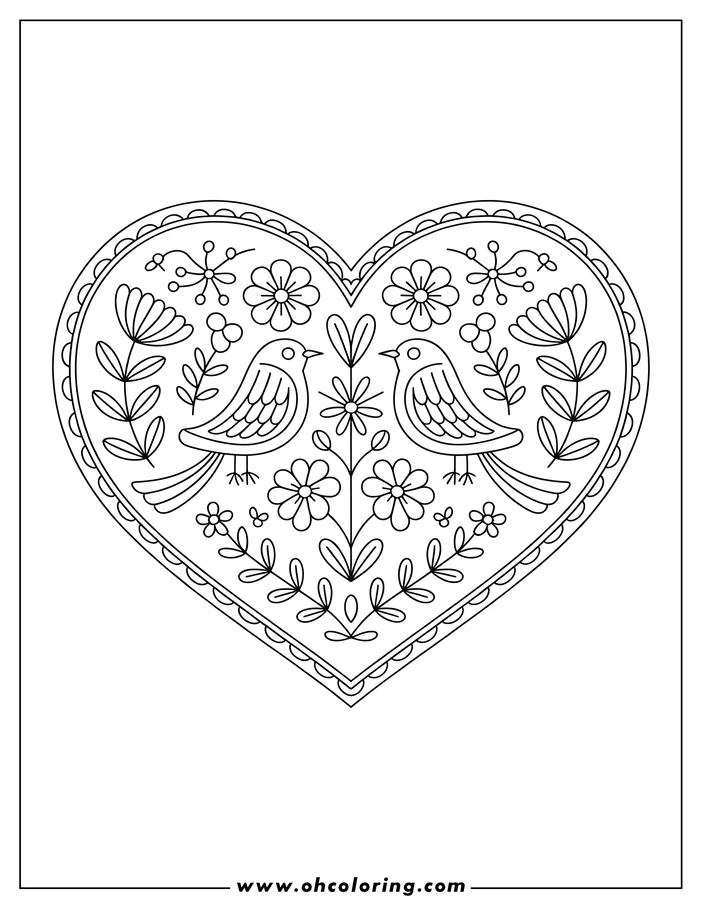 Line art of a Valentine's Day heart with two birds facing each other, surrounded by symmetrical flowers and leaves.  A lovely coloring sheet design perfect for Valentine's Day.
