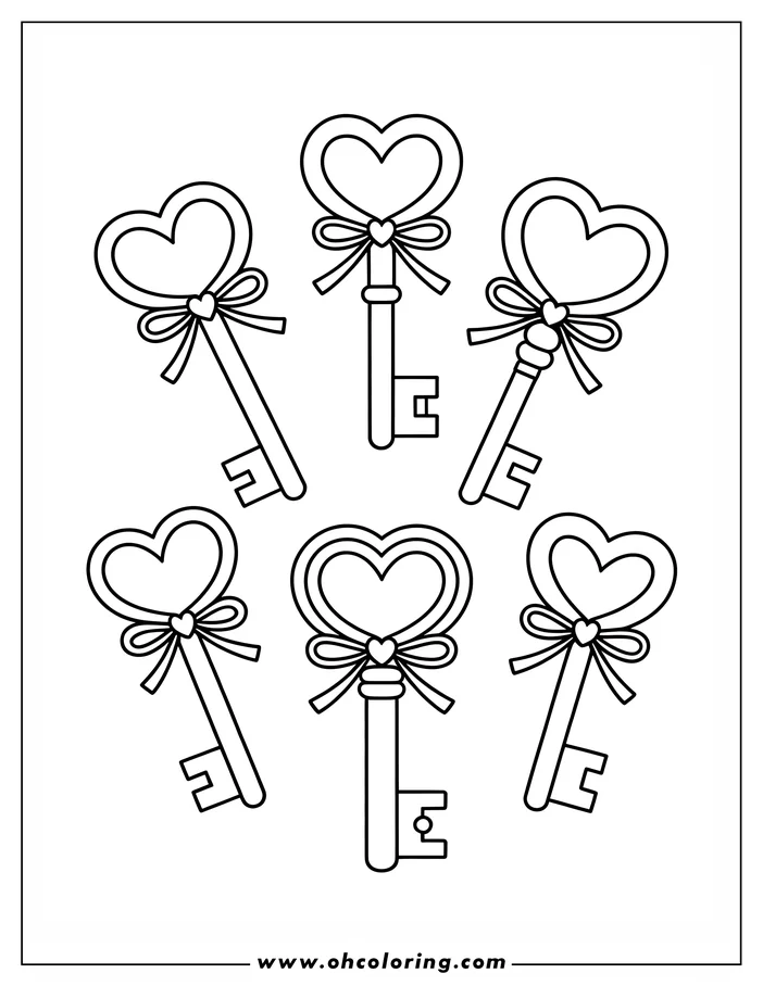Line art of six heart-shaped keys, each adorned with a bow tied with a small heart, perfect for a Valentine's Day coloring activity.