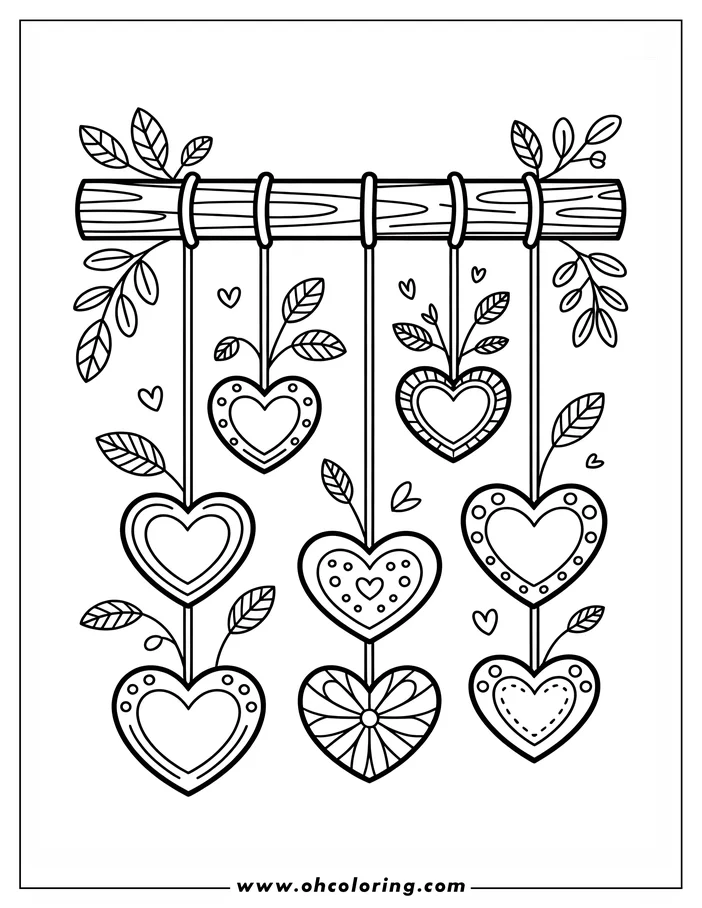 Line art depicts seven Valentine hearts hanging from a wooden branch with leaves and little hearts floating around, designed as a coloring sheet.