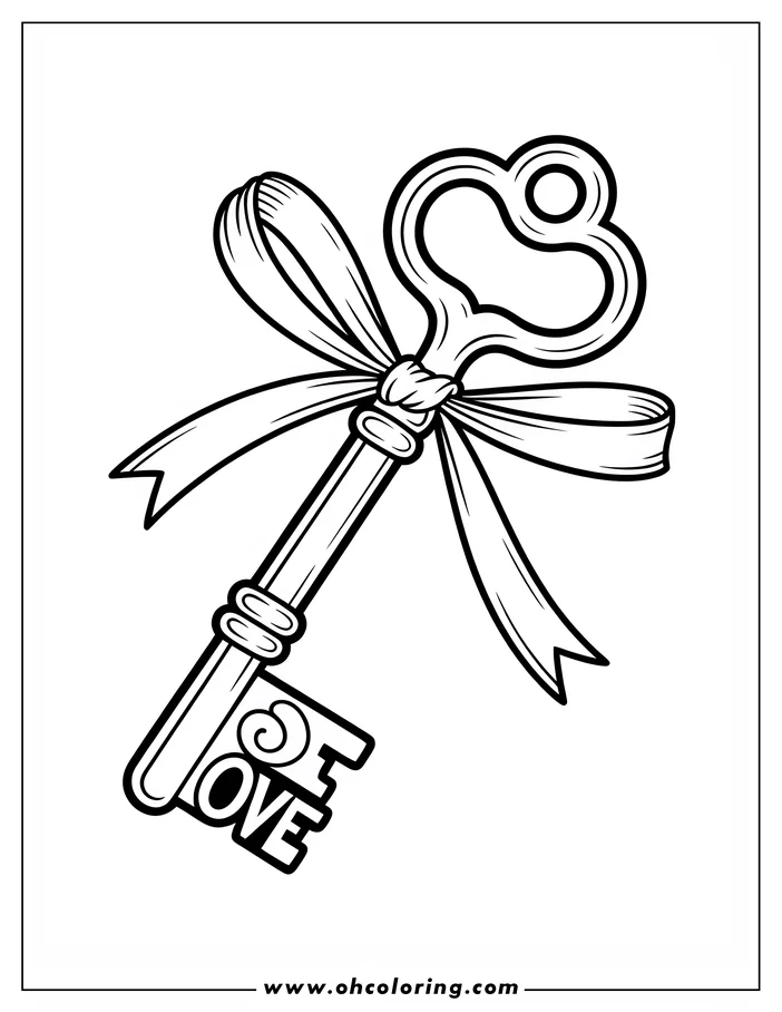 Line art of a key with a ribbon tied around it. The word "LOVE" is written on the key. This Valentine's Day design is a coloring sheet for kids and adults.