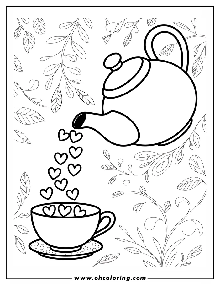 Line art of a teapot pouring hearts into a teacup, surrounded by leaves and vines. A Valentine's Day coloring sheet design.