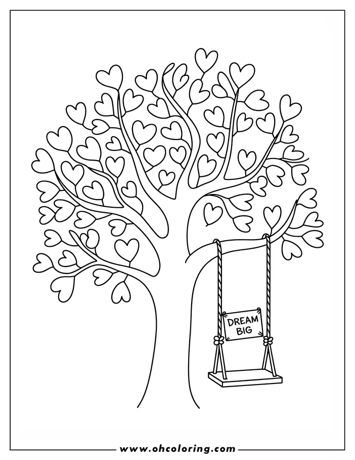 Line art of a Valentine's Day tree with heart-shaped leaves. A swing hangs from a branch, with the words "Dream Big" on the seat.  A coloring sheet design perfect for Valentine's Day.