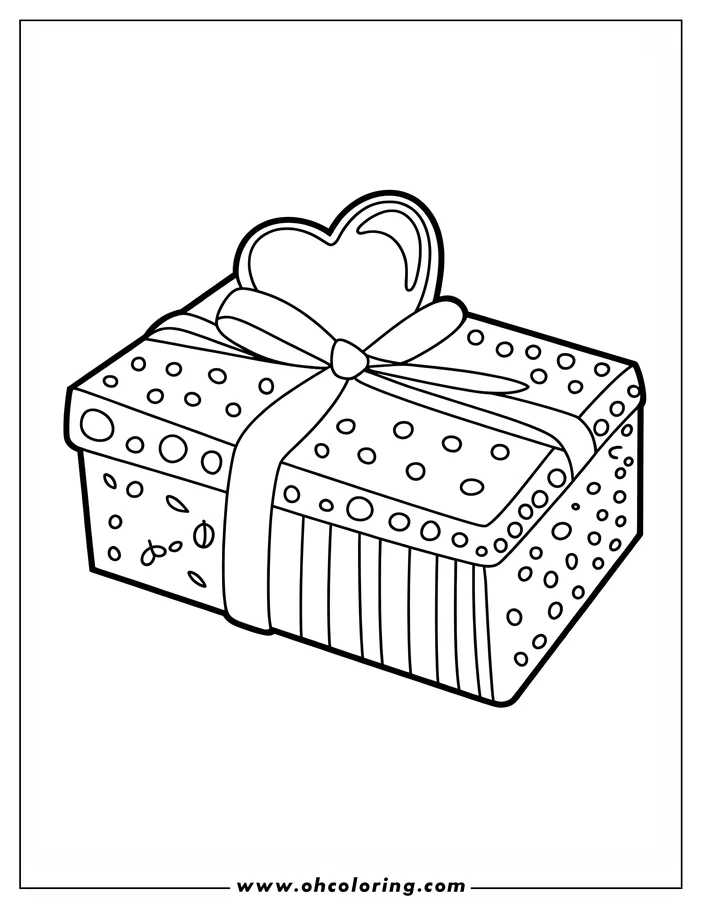 Line art of a Valentine's Day gift box decorated with a heart on top and a ribbon. The box features various patterns like stripes, dots, and circles, ready for coloring.