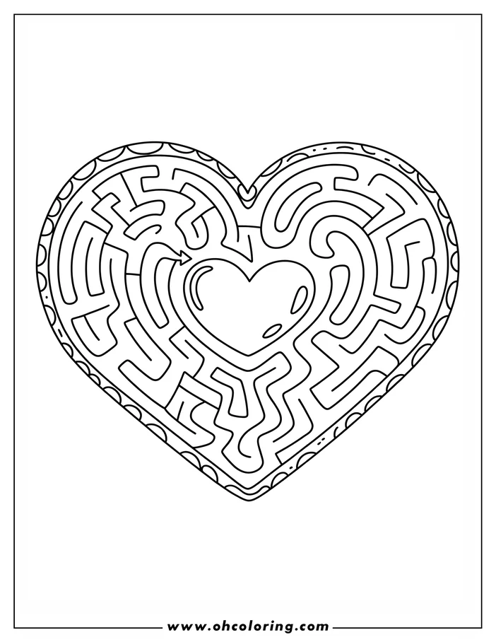 Intricate line art of a heart-shaped maze for Valentine's Day. A smaller heart sits at the center of the maze, and a simple decorative border surrounds the larger heart. This coloring sheet design provides a fun and engaging activity for the holiday.