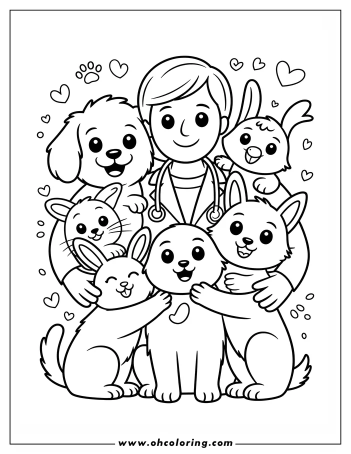 Line art of a veterinarian caring for several pets, including two dogs held in the vet's arms and a cat and rabbit nearby. Hearts and paw prints create a cheerful feel.