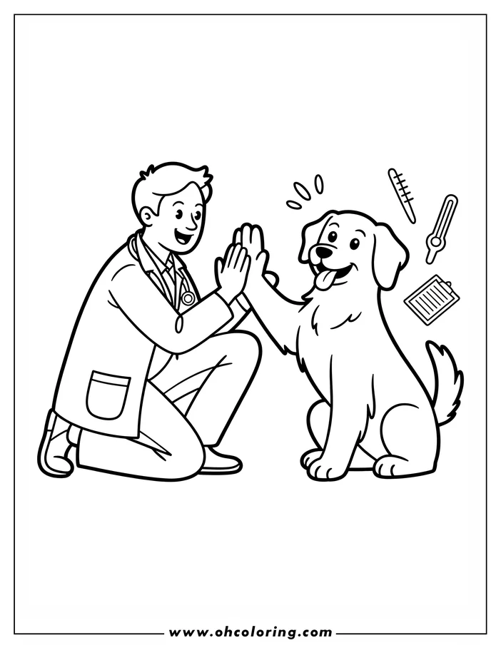 Line art of a veterinarian giving a high five to a Golden Retriever dog. A thermometer and clipboard are visible in the background.