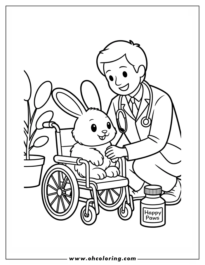 Line art of a veterinarian kneeling beside a bunny in a wheelchair. A bottle labeled "Happy Paws" sits near the vet's feet. A potted plant is in the background.