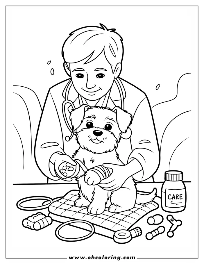Line art of a veterinarian examining a small dog's paw. Veterinary supplies are on the table beside them.