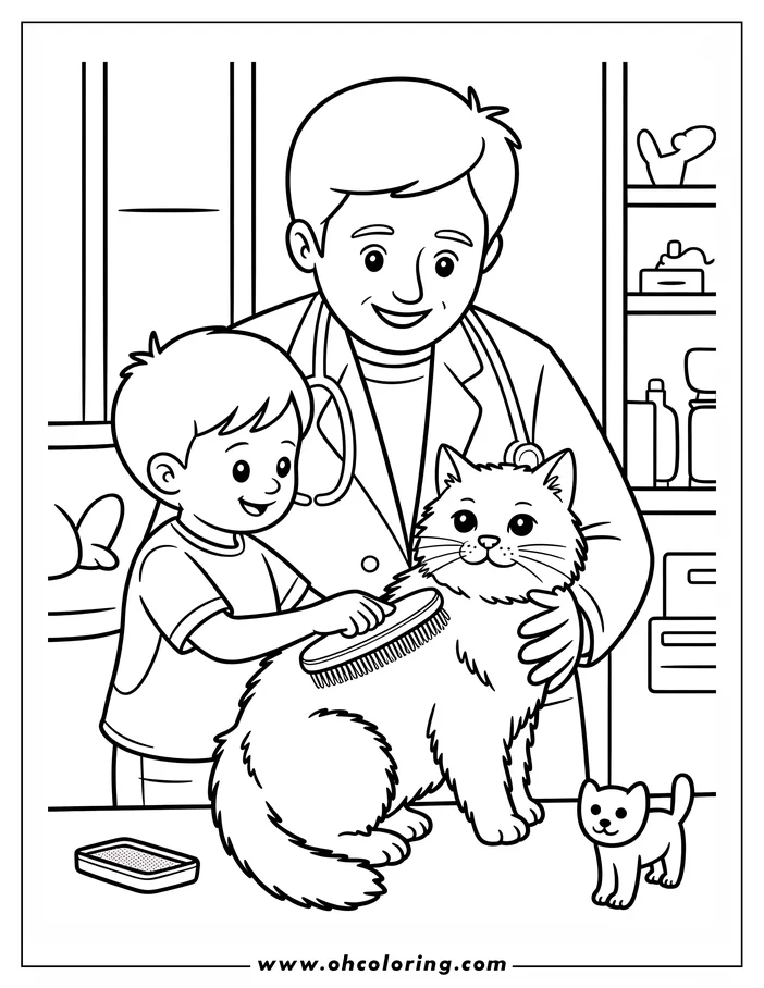 Line art of a veterinarian and a child brushing a fluffy cat at the vet clinic, with a kitten and shelves of supplies in the background.
