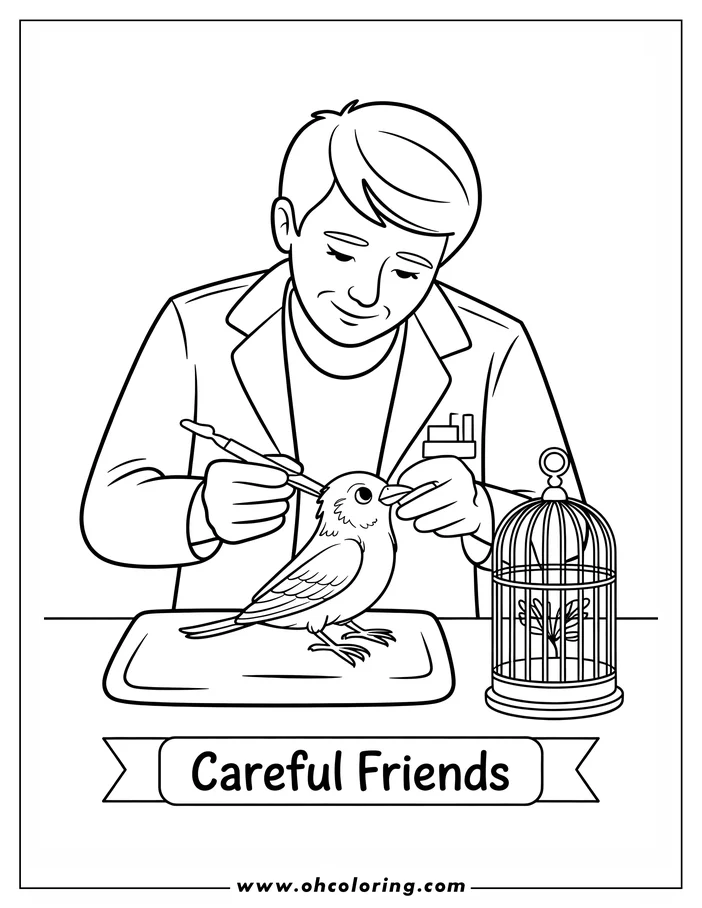 Line art of a veterinarian examining a small bird, with a birdcage in the background.
