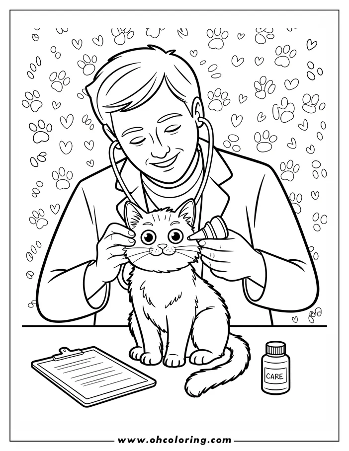 Line art of a veterinarian examining a cat with a stethoscope. A clipboard and medicine bottle are on the table.