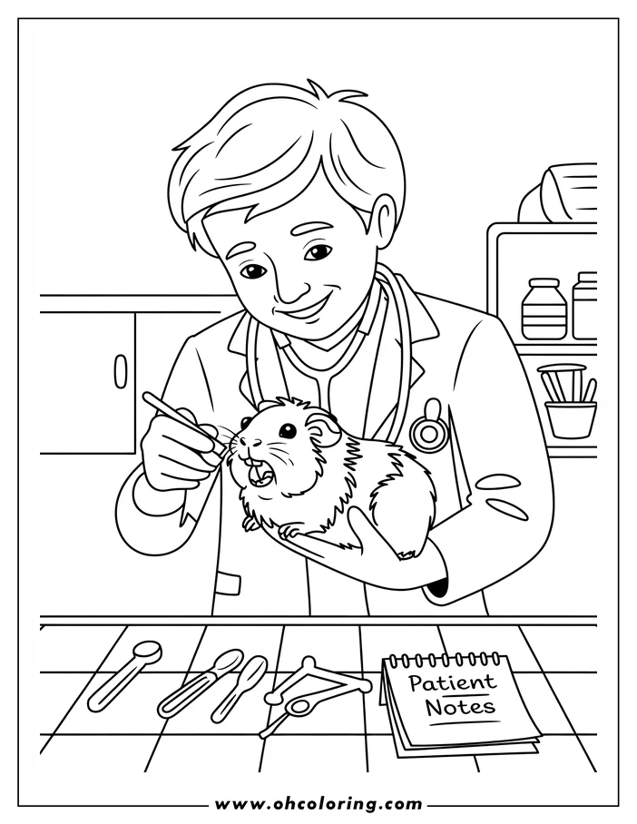Line art of a veterinarian examining a guinea pig in a clinic setting. The vet holds the guinea pig and checks its mouth. Veterinary instruments and patient notes are on the counter.