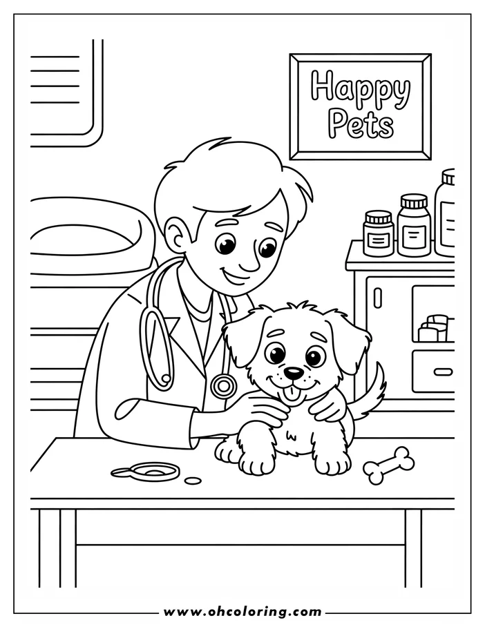 Line art of a veterinarian examining a puppy at the vet clinic.