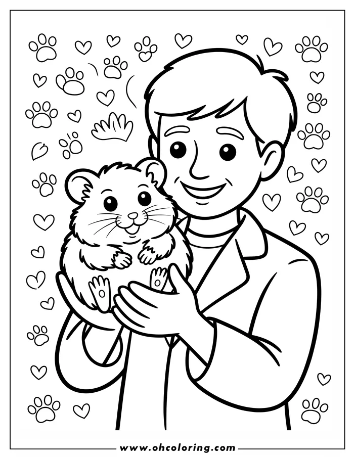 Line art of a veterinarian holding a hamster, surrounded by hearts and paw prints.