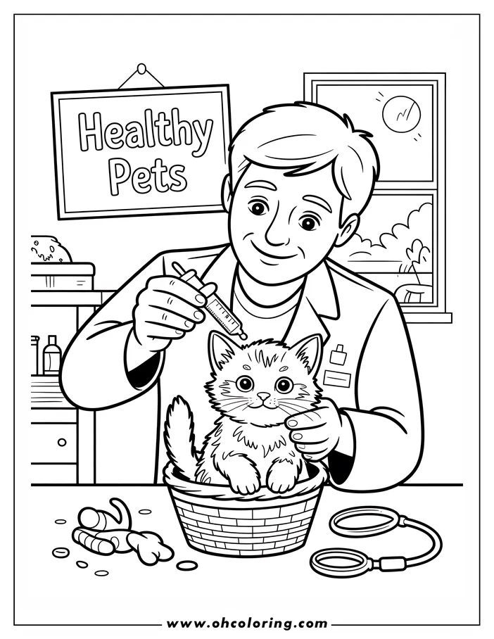Line art of a veterinarian administering medicine to a fluffy kitten sitting in a basket. A stethoscope and spilled pills are on the table in a vet's office.
